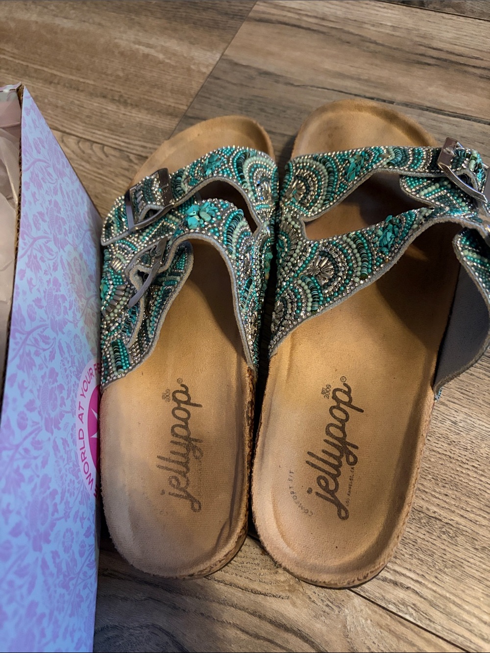 Jellypop Teal Beaded Slide Sandals with Buckle Detail
